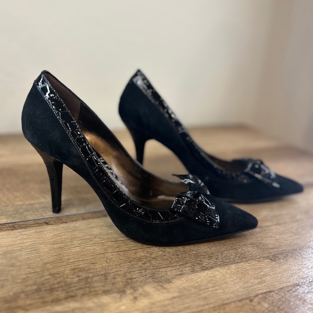 VICTOR ALFARO Black Suede Patent Bow Stiletto Heels Women's Size 8M - Picture 3 of 6